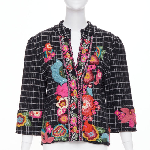 Women's Kenzo grid check wool floral embroidered jacket
