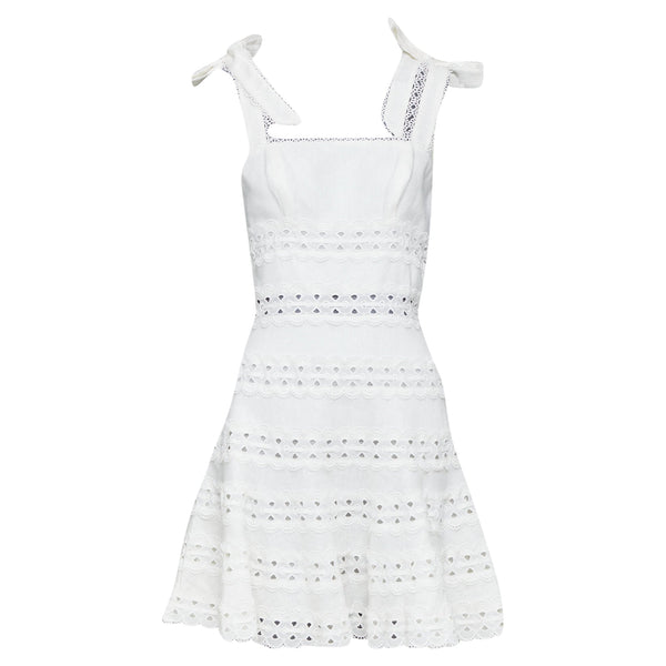 Women's Zimmermann tie shoulder linen eyelet lace mini dress