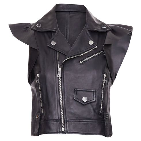 Women's Red Valentino leather ruffle biker vest jacket