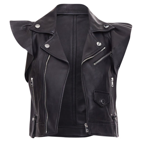 Women's Red Valentino leather ruffle biker vest jacket