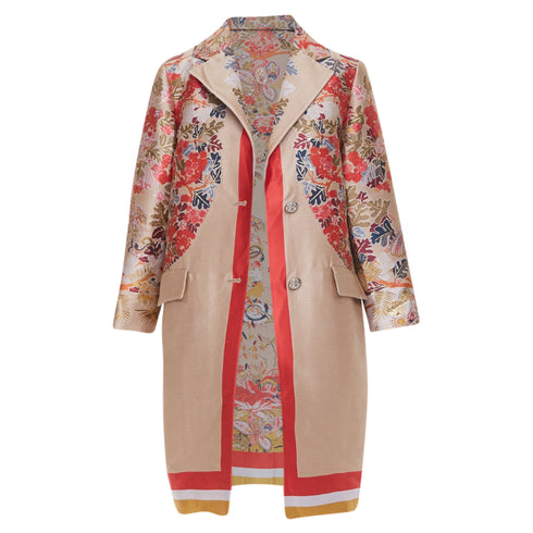Women's Etro taupe red placed floral cotton blend overcoat