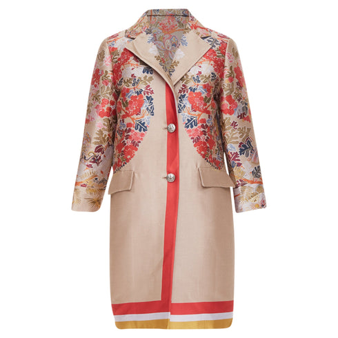 Women's Etro taupe red placed floral cotton blend overcoat