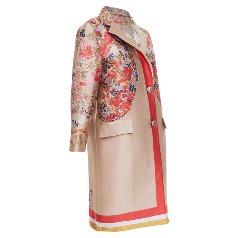 Women's Etro taupe red placed floral cotton blend overcoat