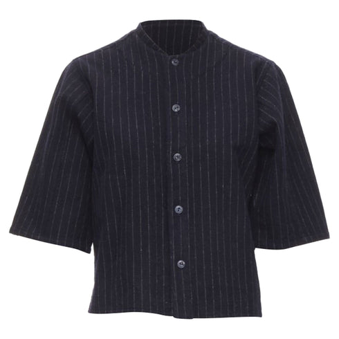 Women's Comme des Garcons navy blue pinstripe wool baseball shirt