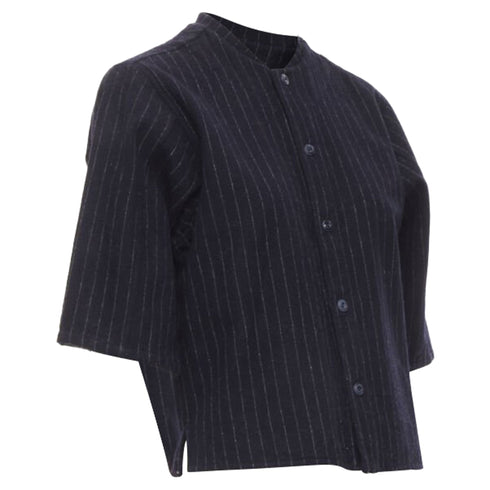 Women's Comme des Garcons navy blue pinstripe wool baseball shirt
