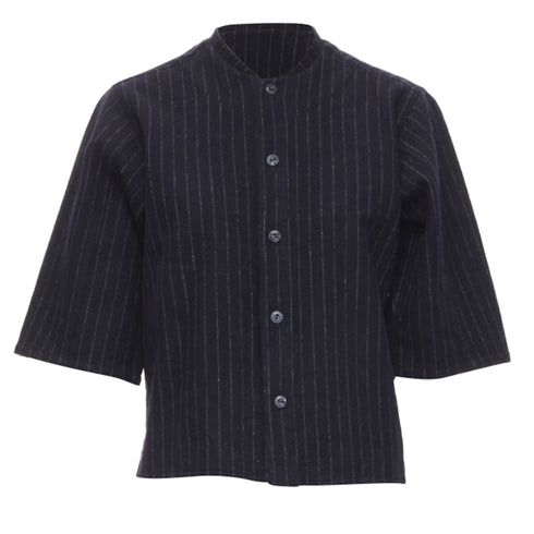 Women's Comme des Garcons navy blue pinstripe wool baseball shirt