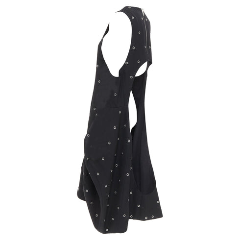 Women's Comme des Garcons black wool silver grommet cut out pannier dress