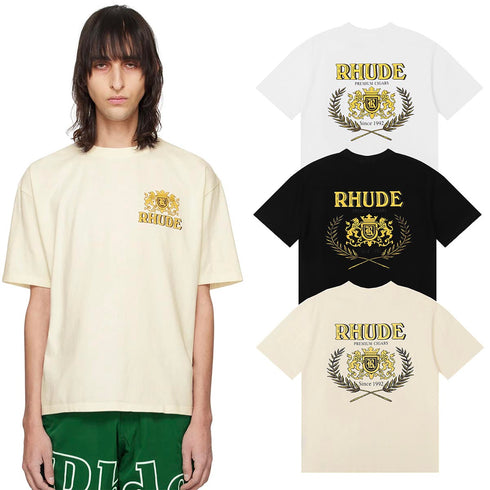 Rhude T-shirts Totem Badge Printing Cotton Casual Short Sleeve Men and Women