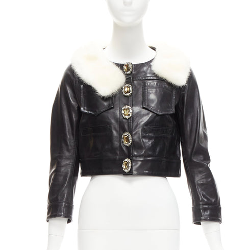 Women's Dsquared2 asymmetric fur collar jewel button leather jacket
