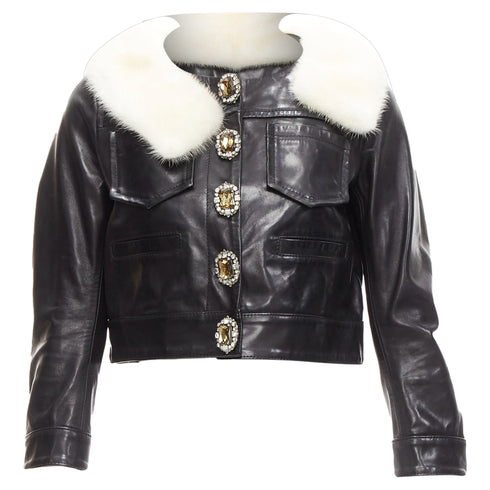Women's Dsquared2 asymmetric fur collar jewel button leather jacket