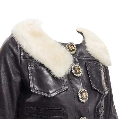 Women's Dsquared2 asymmetric fur collar jewel button leather jacket