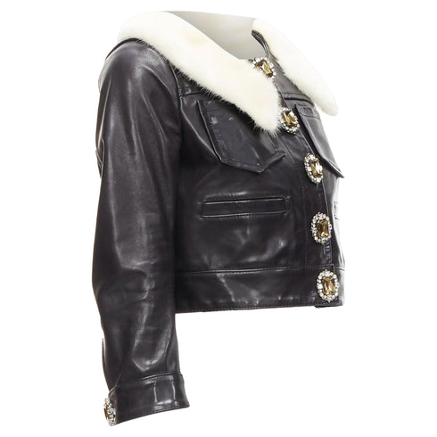 Women's Dsquared2 asymmetric fur collar jewel button leather jacket