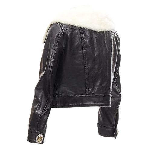 Women's Dsquared2 asymmetric fur collar jewel button leather jacket