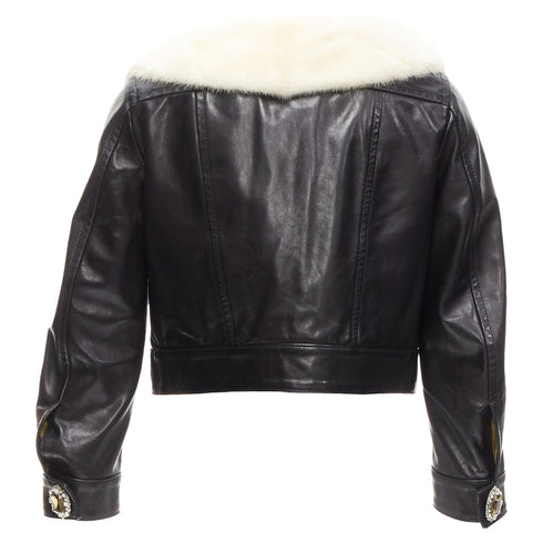 Women's Dsquared2 asymmetric fur collar jewel button leather jacket