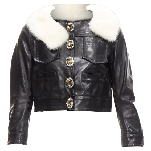 Women's Dsquared2 asymmetric fur collar jewel button leather jacket