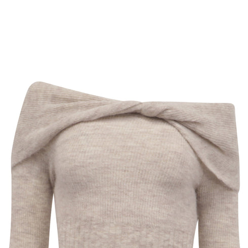 Women's Reformation Florie Twisted Off-Shoulder Sweater in Beige Alpaca Wool