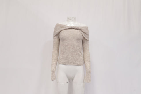 Women's Reformation Florie Twisted Off-Shoulder Sweater in Beige Alpaca Wool