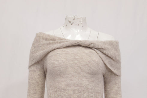 Women's Reformation Florie Twisted Off-Shoulder Sweater in Beige Alpaca Wool