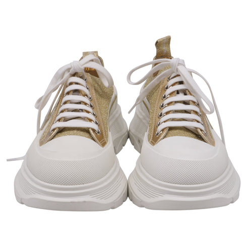 Women's Alexander McQueen Tread Slick Glitter Sneakers in Metallic Gold Canvas