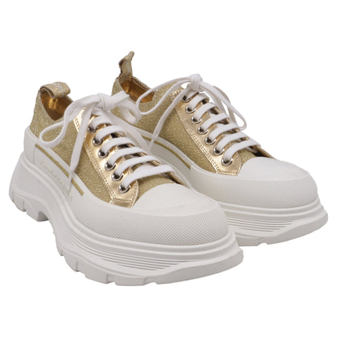 Women's Alexander McQueen Tread Slick Glitter Sneakers in Metallic Gold Canvas