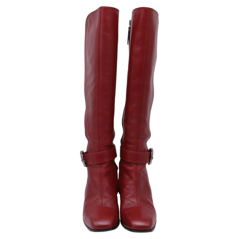 Women's Gucci Dionysus Buckled Knee-High Boots in Burgundy Leather