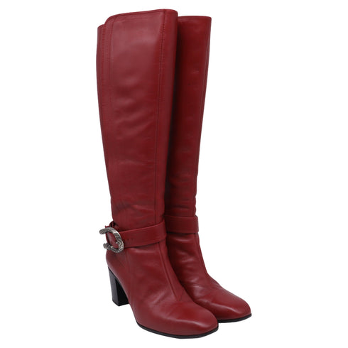 Women's Gucci Dionysus Buckled Knee-High Boots in Burgundy Leather