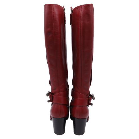 Women's Gucci Dionysus Buckled Knee-High Boots in Burgundy Leather