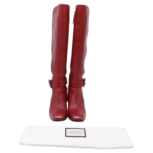 Women's Gucci Dionysus Buckled Knee-High Boots in Burgundy Leather
