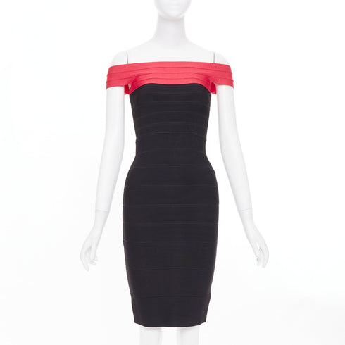 Women's HERVE LEGER red colorblock off shoulder bandage bodycon cocktail dress XXS