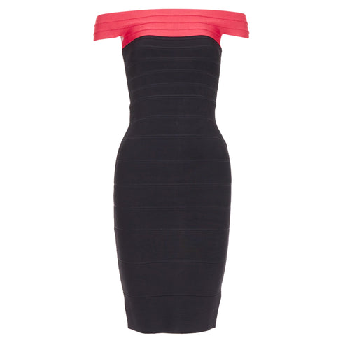 Women's HERVE LEGER red colorblock off shoulder bandage bodycon cocktail dress XXS