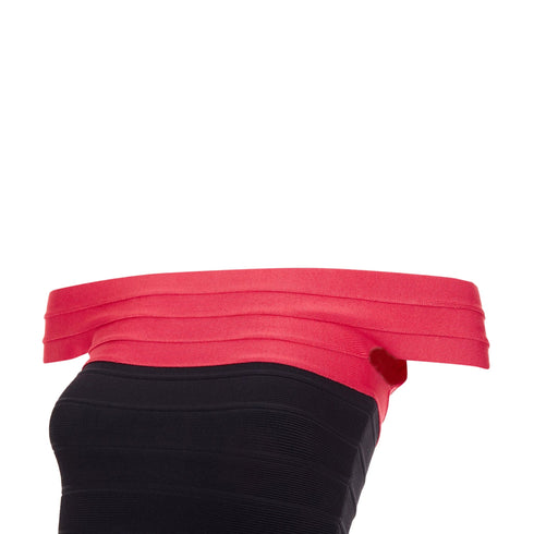 Women's HERVE LEGER red colorblock off shoulder bandage bodycon cocktail dress XXS