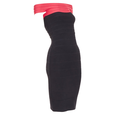 Women's HERVE LEGER red colorblock off shoulder bandage bodycon cocktail dress XXS