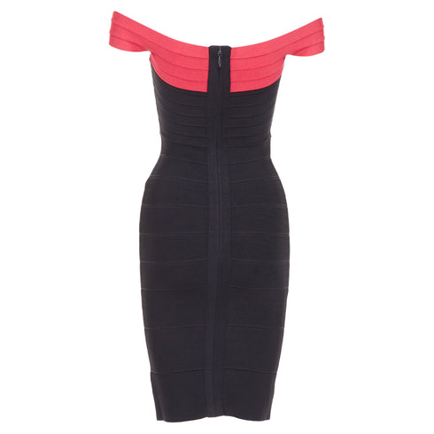Women's HERVE LEGER red colorblock off shoulder bandage bodycon cocktail dress XXS
