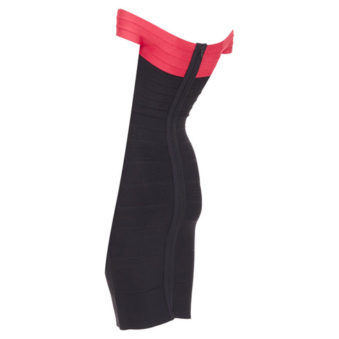 Women's HERVE LEGER red colorblock off shoulder bandage bodycon cocktail dress XXS