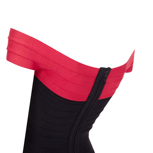 Women's HERVE LEGER red colorblock off shoulder bandage bodycon cocktail dress XXS