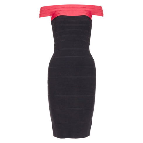 Women's HERVE LEGER red colorblock off shoulder bandage bodycon cocktail dress XXS