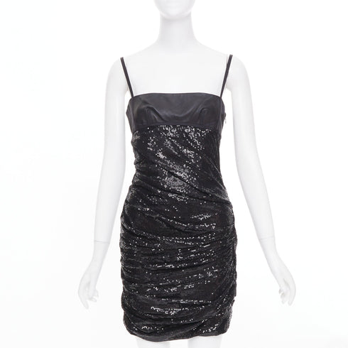 Women's ALEXANDER WANG black lambskin leather Sequin Goddess ruched dress US4 S