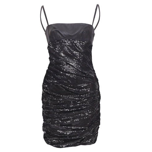 Women's ALEXANDER WANG black lambskin leather Sequin Goddess ruched dress US4 S