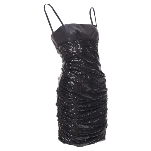 Women's ALEXANDER WANG black lambskin leather Sequin Goddess ruched dress US4 S