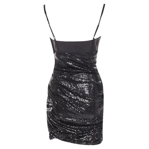 Women's ALEXANDER WANG black lambskin leather Sequin Goddess ruched dress US4 S