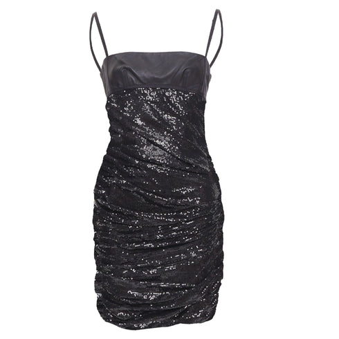 Women's ALEXANDER WANG black lambskin leather Sequin Goddess ruched dress US4 S