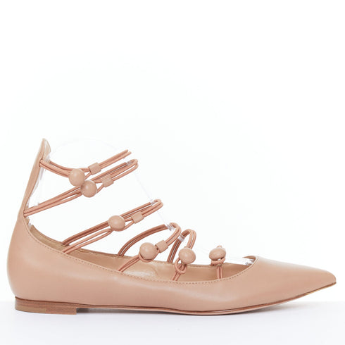 Women's GIANVITO ROSSI nude leather button multi strap pointed ballerina flats EU37.5