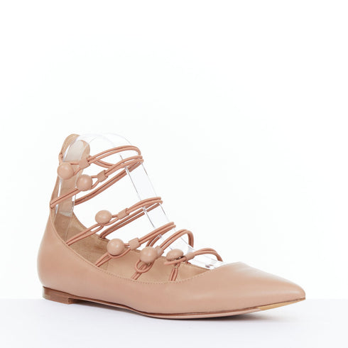 Women's GIANVITO ROSSI nude leather button multi strap pointed ballerina flats EU37.5