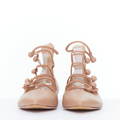 Women's GIANVITO ROSSI nude leather button multi strap pointed ballerina flats EU37.5