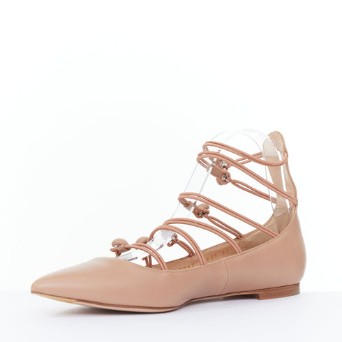 Women's GIANVITO ROSSI nude leather button multi strap pointed ballerina flats EU37.5