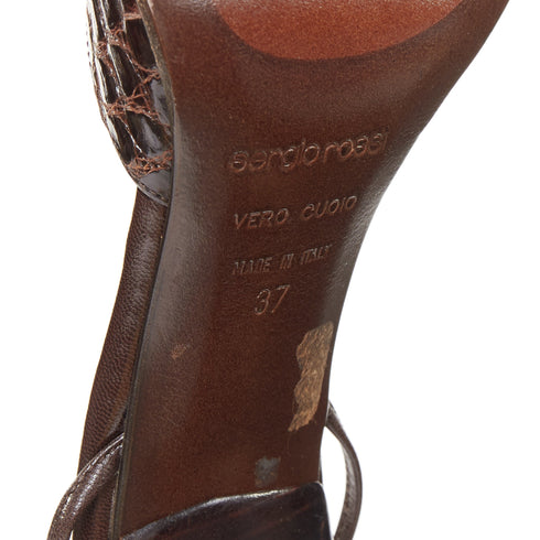 Women's Sergio Rossi Brown Croc Embossed Leather Ankle Strap Pumps