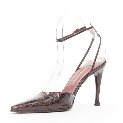 Women's Sergio Rossi Brown Croc Embossed Leather Ankle Strap Pumps