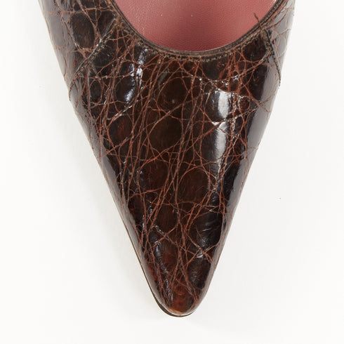Women's Sergio Rossi Brown Croc Embossed Leather Ankle Strap Pumps
