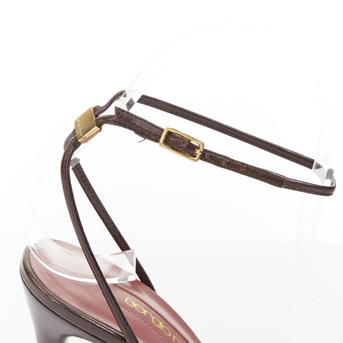 Women's Sergio Rossi Brown Croc Embossed Leather Ankle Strap Pumps