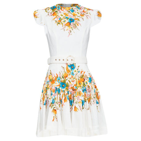 Women's Zimmermann Estelle White Multicolor Floral Belted Mini Dress